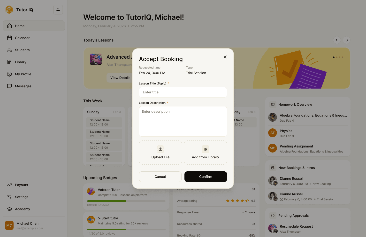 Sample Tutor IQ tutor reviewing a booking request