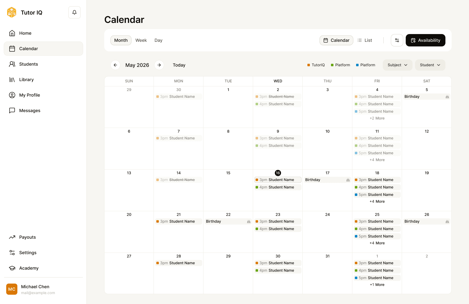 Sample Tutor IQ tutor calendar month view