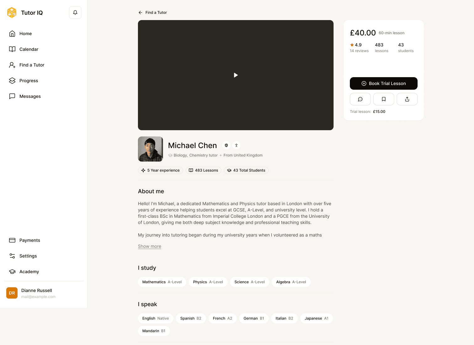 Sample Tutor IQ tutor profile with reviews and availability