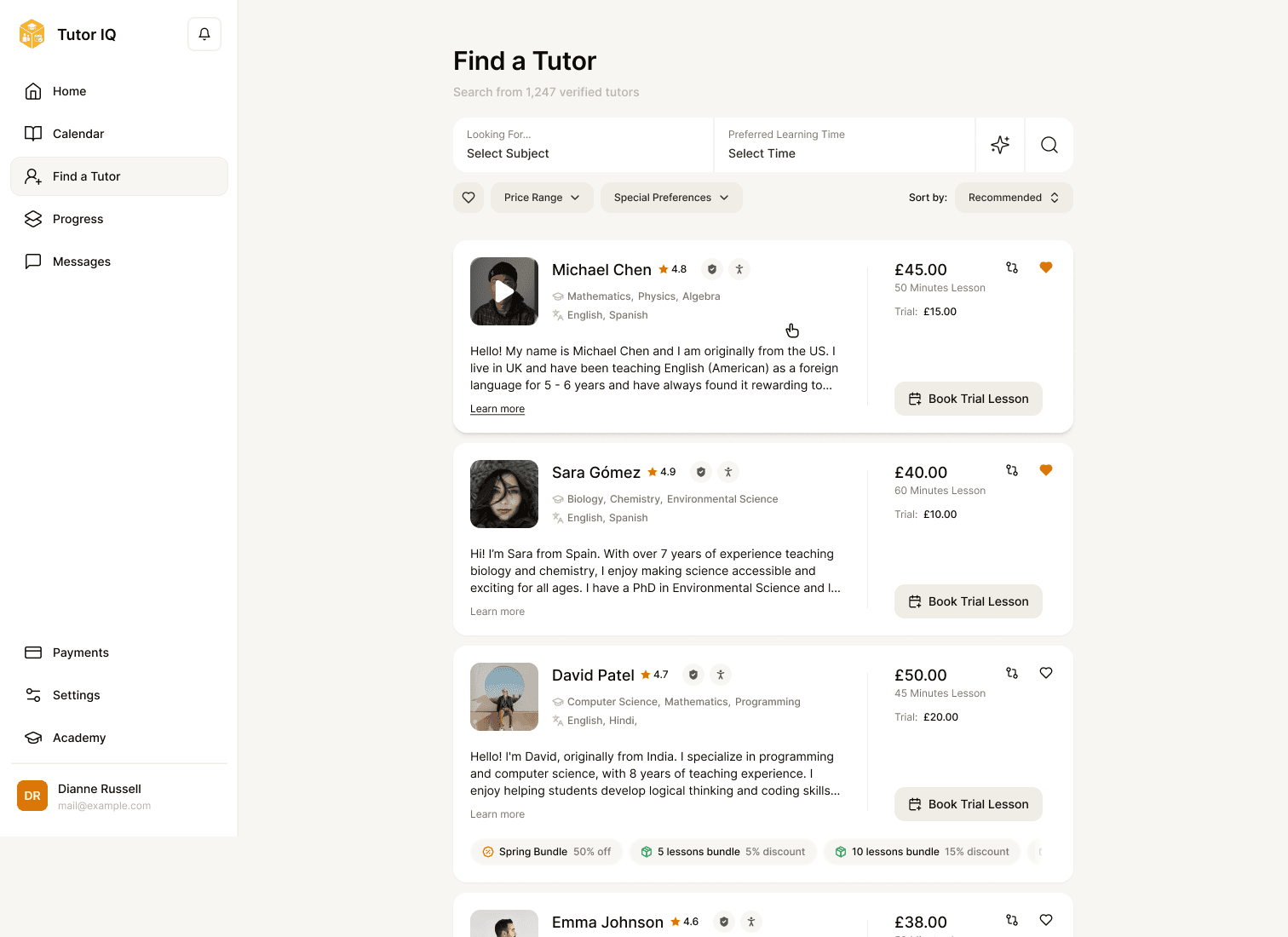 Sample Tutor IQ parent tutor search with filters and results