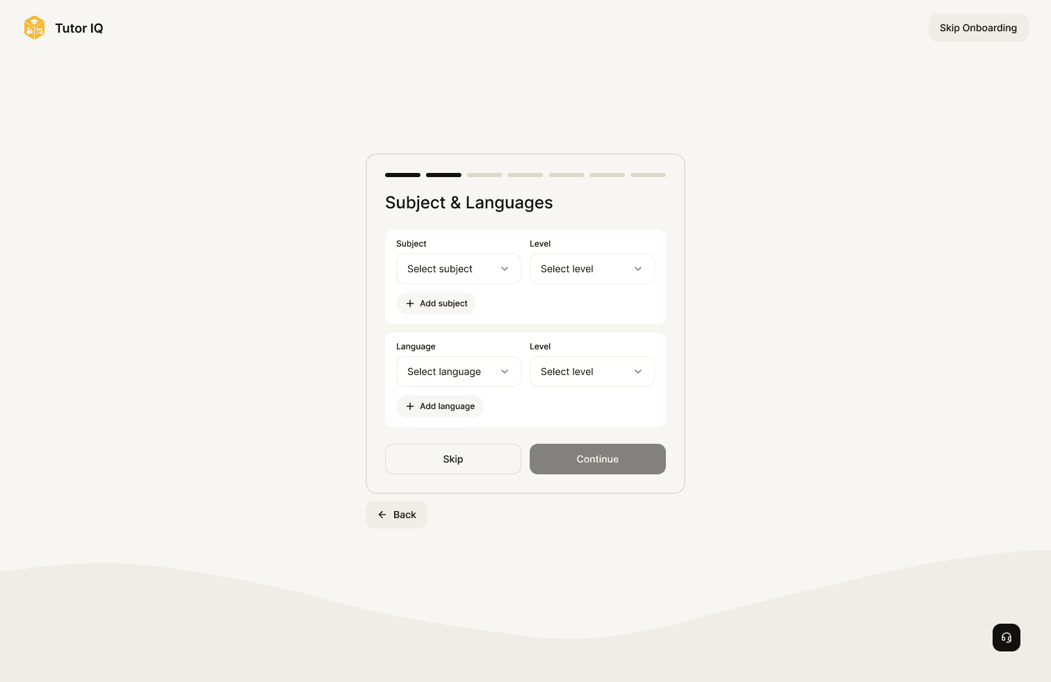 Sample Tutor IQ tutor onboarding step for subjects and languages