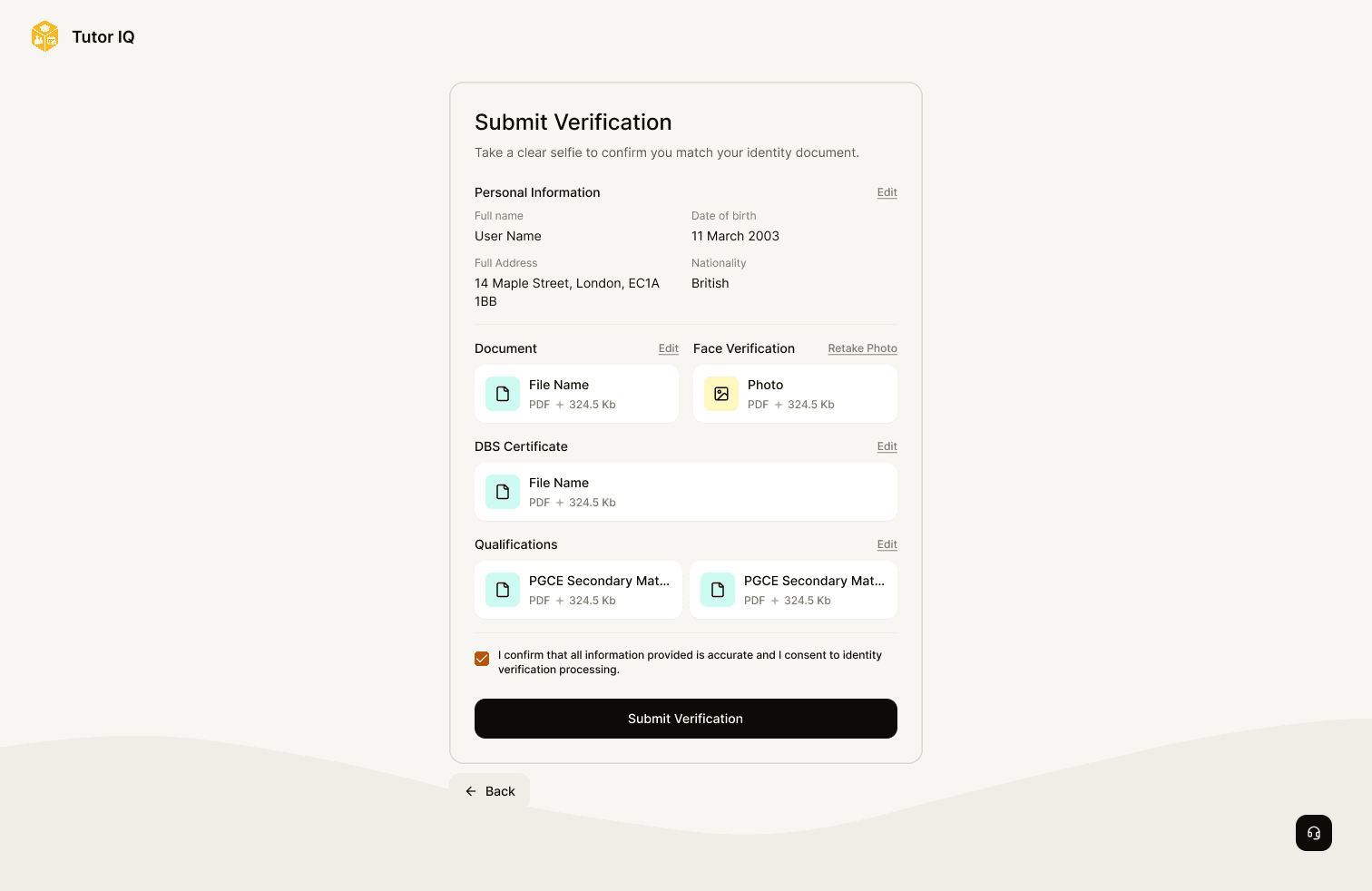 Sample Tutor IQ tutor verification submission