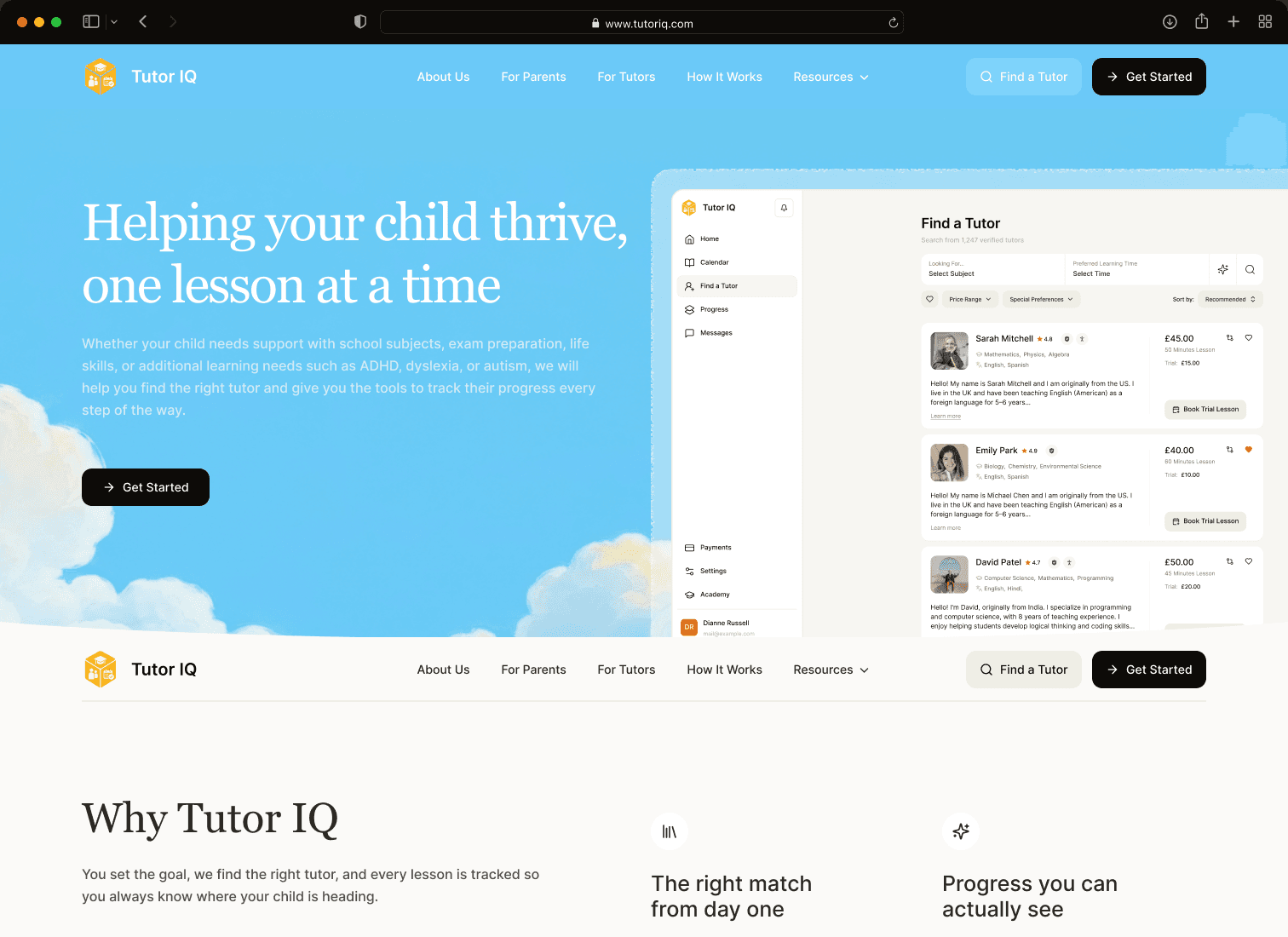 Sample Tutor IQ website page for parents