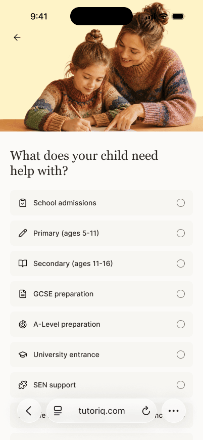 Sample Tutor IQ website matching quiz on mobile