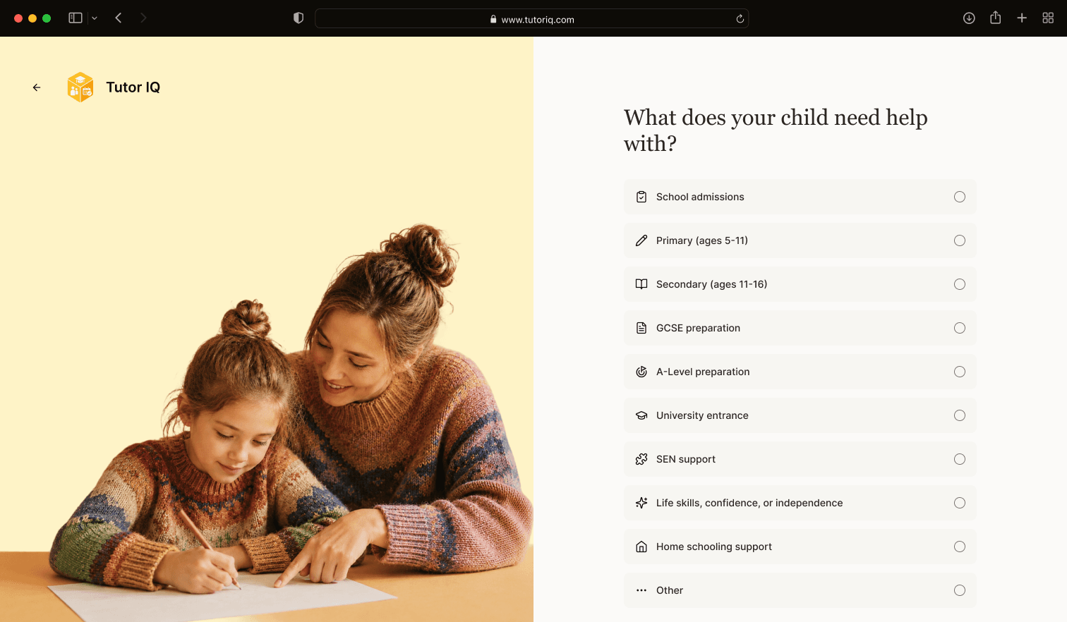 Sample Tutor IQ website matching quiz start
