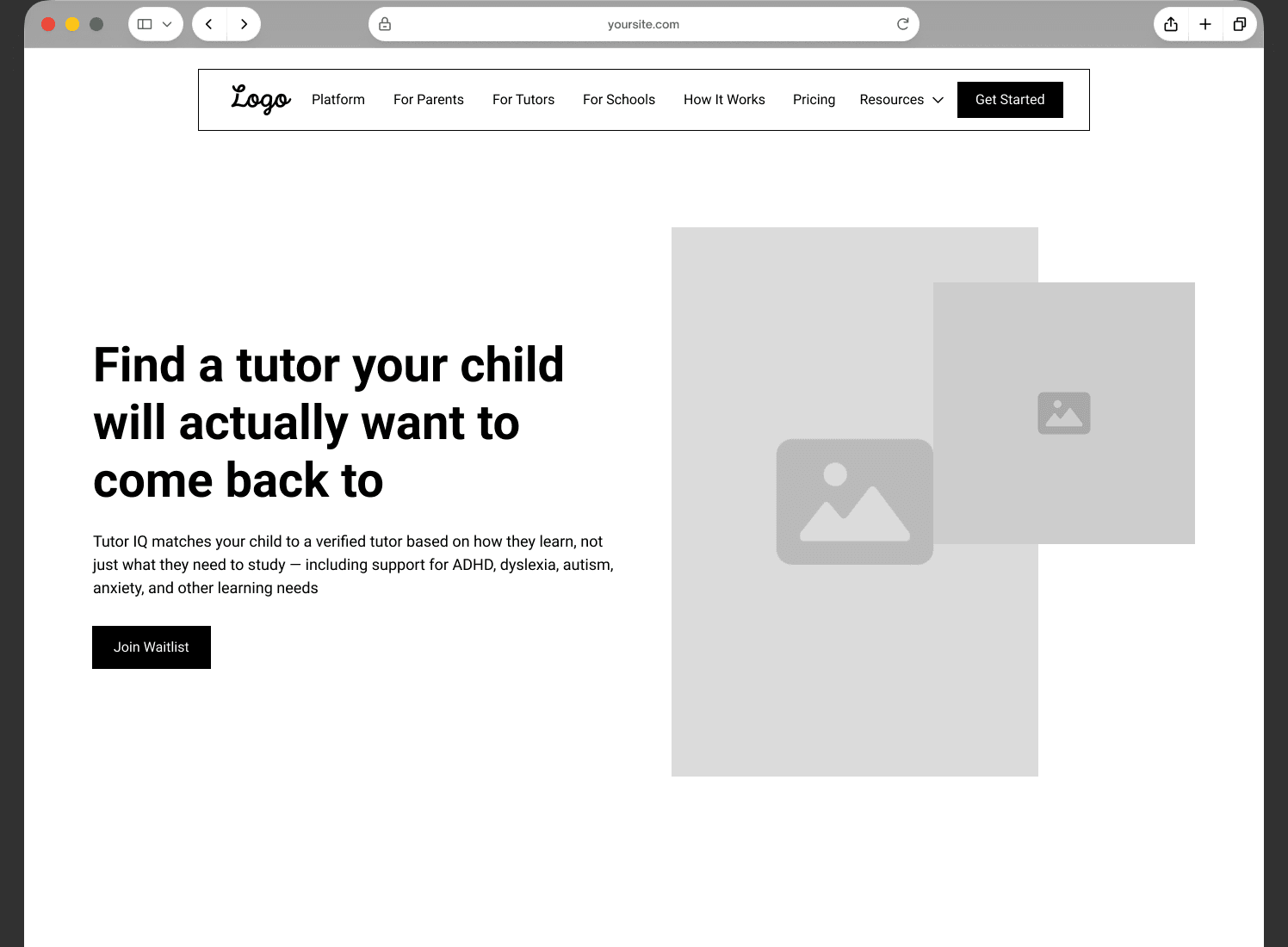 Sample Tutor IQ homepage wireframe