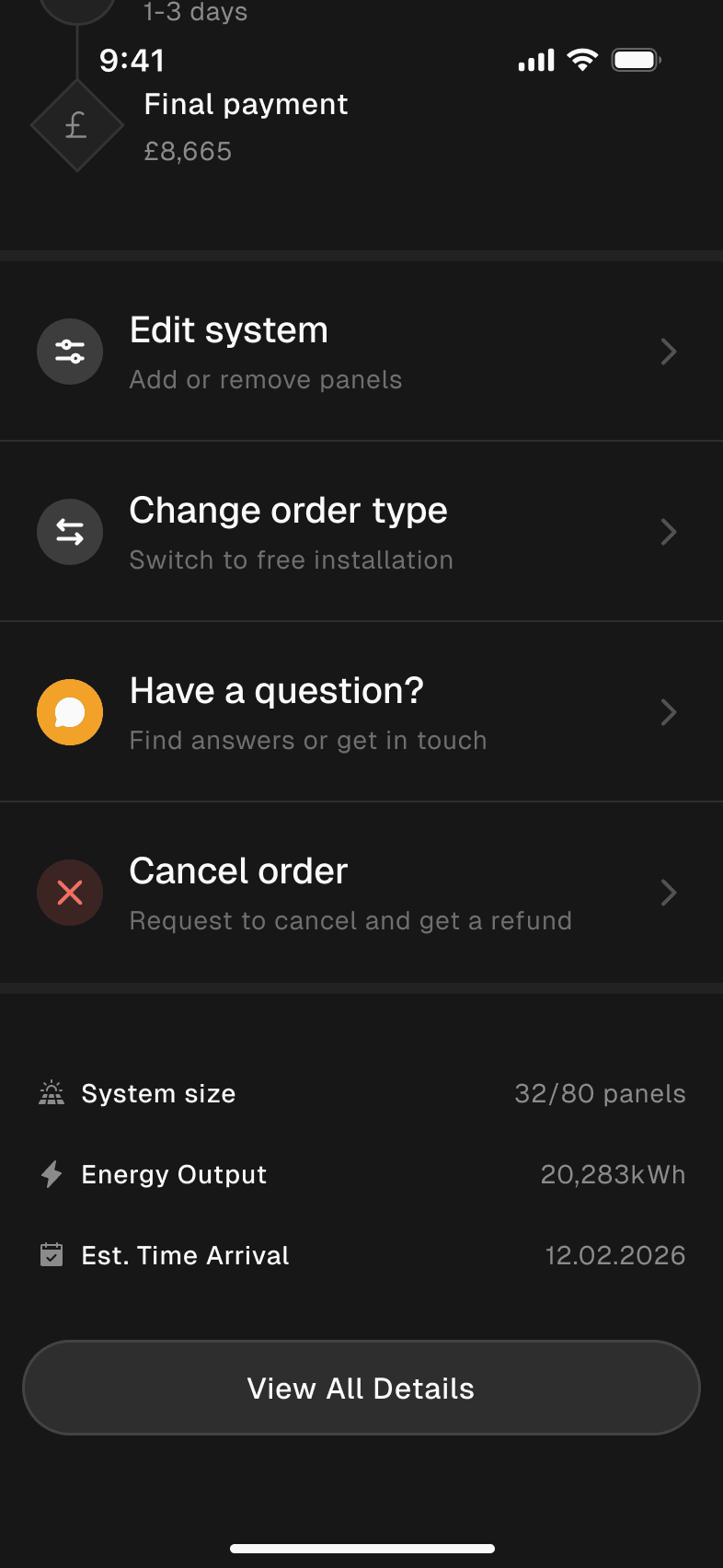 Order actions in one sheet: edit, switch plan, ask, cancel