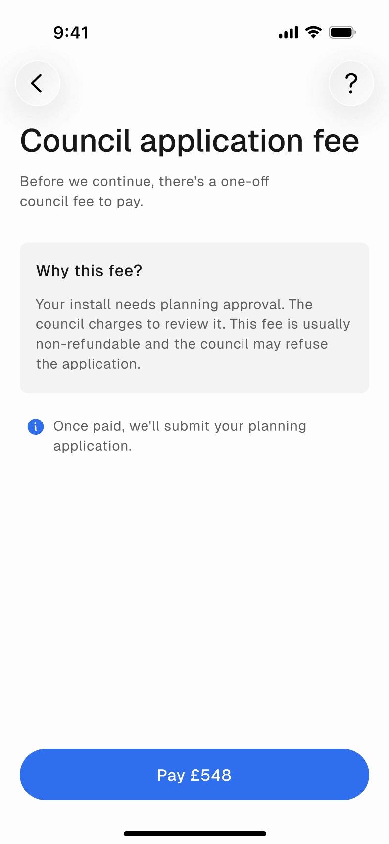 The council fee step, with one button to pay