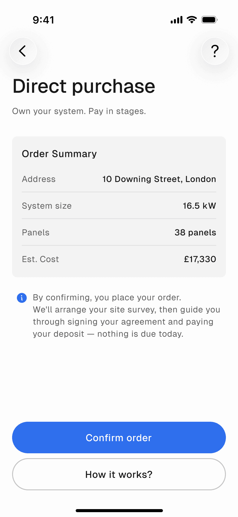Direct purchase summary with staged payments