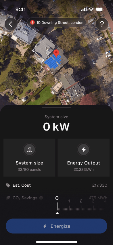Estimate on the real aerial photo of the roof, with panels drawn on it and the size ruler below