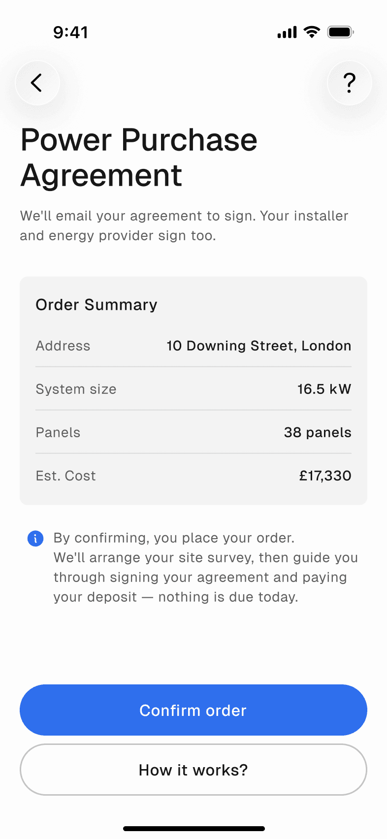 Free installation summary: no upfront cost, buy the power