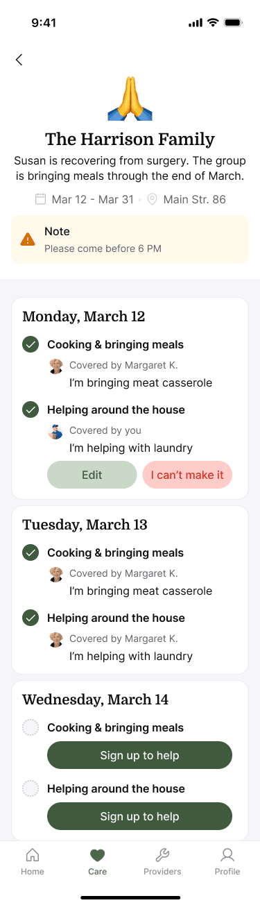 Sample Nearbor care overview after signing up to help