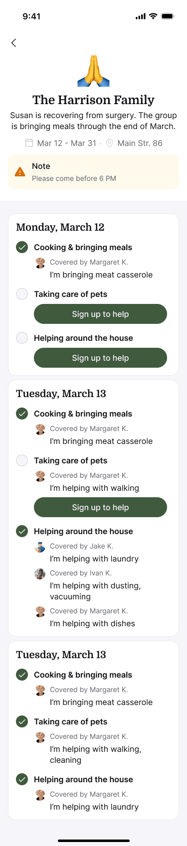 Sample Nearbor care overview showing which tasks still need help
