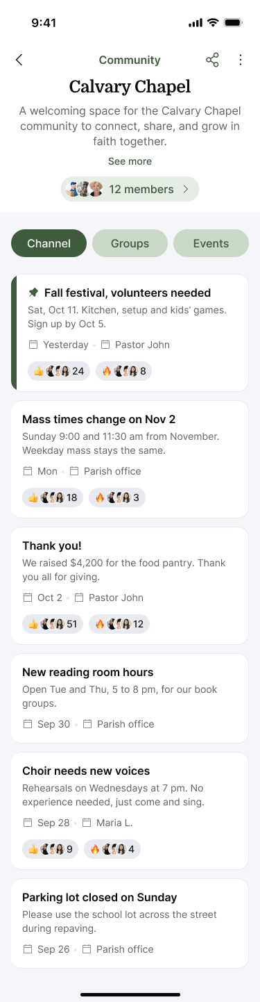 Sample Nearbor community channel with announcements