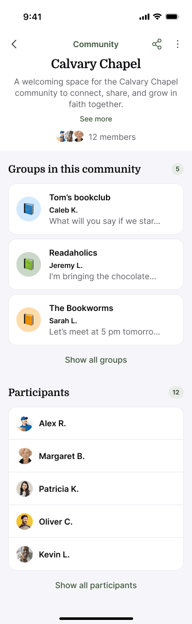 Sample Nearbor community page with its groups