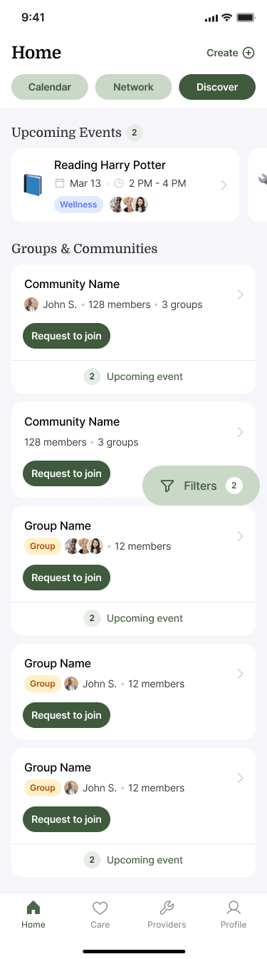 Sample Nearbor Discover with nearby events, groups and communities