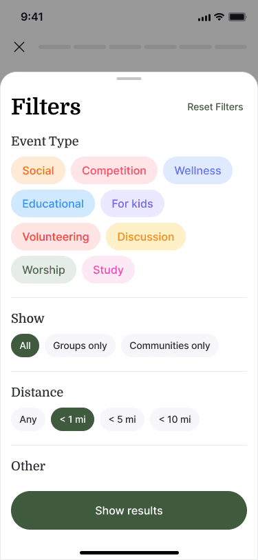 Sample Nearbor Discover filters for type, groups or communities, and distance