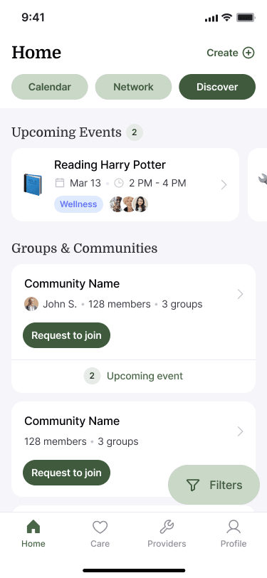 Sample Nearbor Discover tab on the home screen