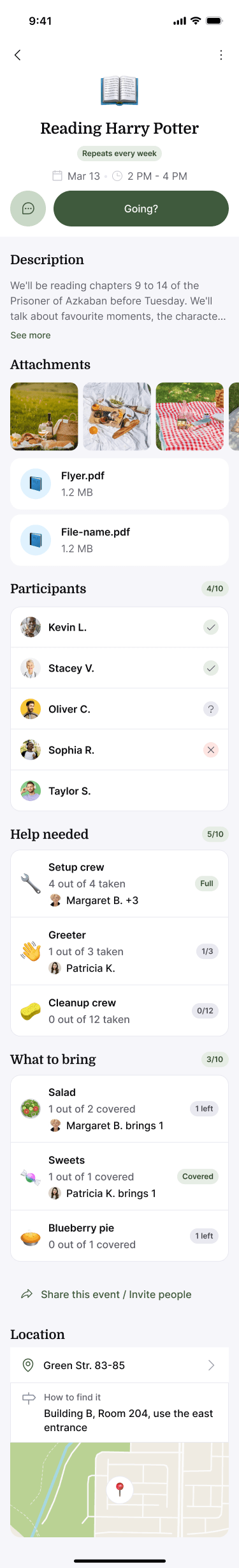 Sample Nearbor event page with details, attachments and participants