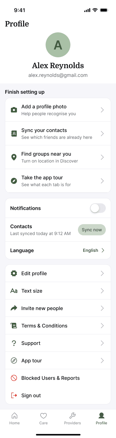 Sample Nearbor profile with optional setup steps to finish later