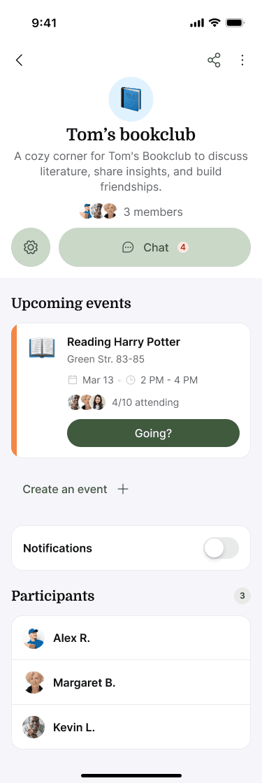 Sample Nearbor group page with its chat and events