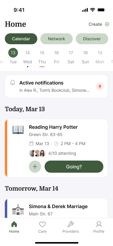 Sample Nearbor home screen with the community calendar
