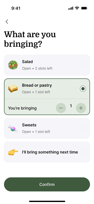 Sample Nearbor participant with an item selected