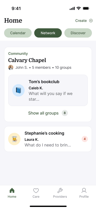 Sample Nearbor network tab listing a community and its groups