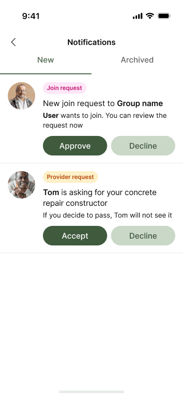 Sample Nearbor notifications with join and provider requests