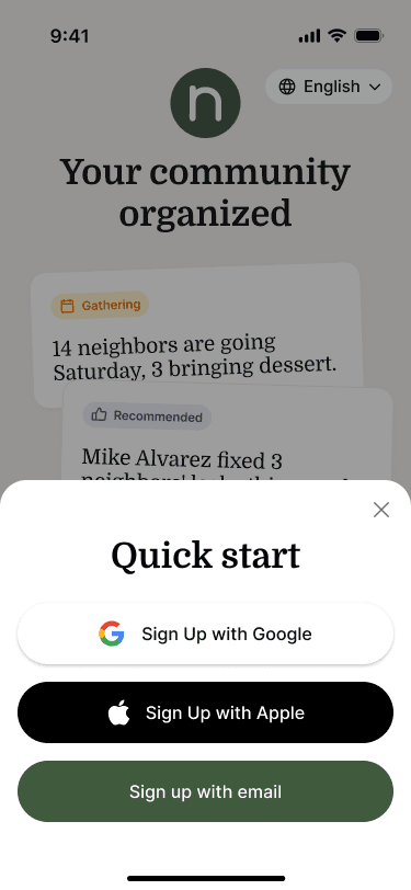Sample Nearbor Quick start sheet with sign-up options