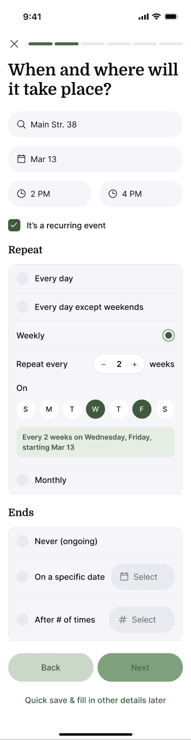 Sample Nearbor event schedule set to repeat weekly