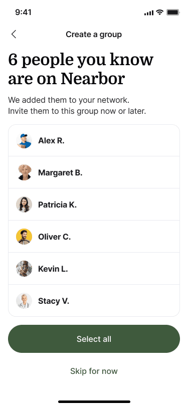 Sample Nearbor contact-sync result listing people already on Nearbor