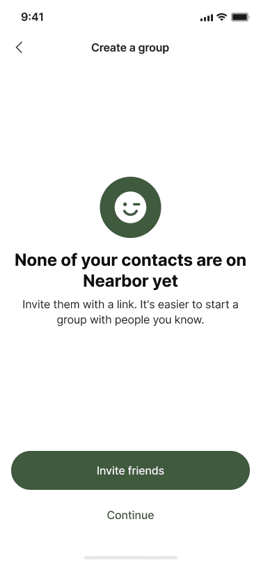 Sample Nearbor contact-sync result when no contacts are on Nearbor, with an invite action