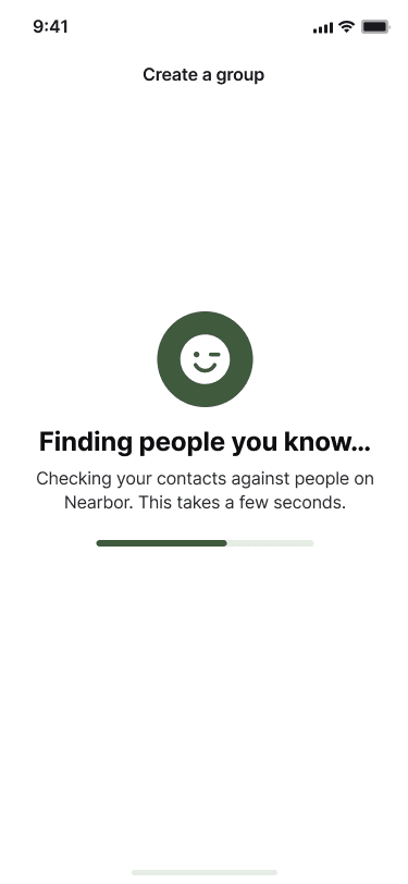 Sample Nearbor screen while contacts are being matched