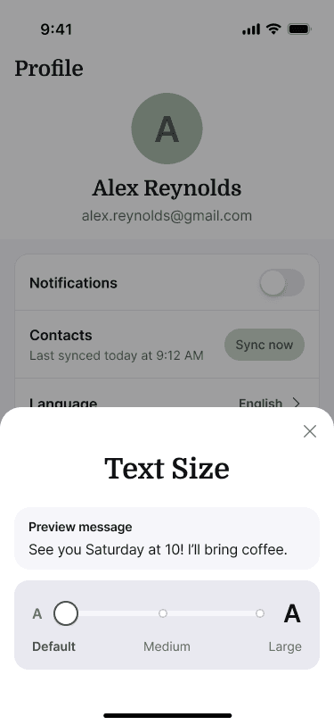 Sample Nearbor text-size setting with the preview message at the default size