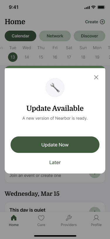 Sample Nearbor update available pop-up