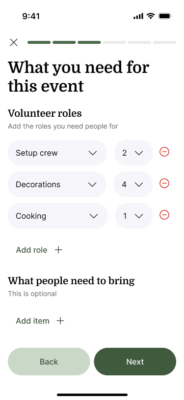 Sample Nearbor event creation with volunteer roles added